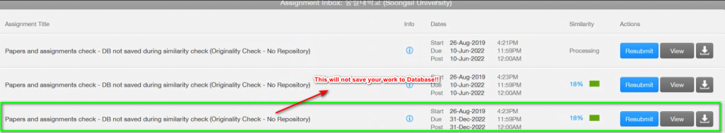 Turnitin Upload document to no repository check. Turnitin no save to database