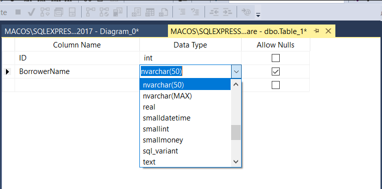 Membuat tabel secara visual sql server